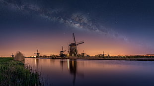 black windmill at night wallpaper, nature, mill, Netherlands, Milky Way HD wallpaper