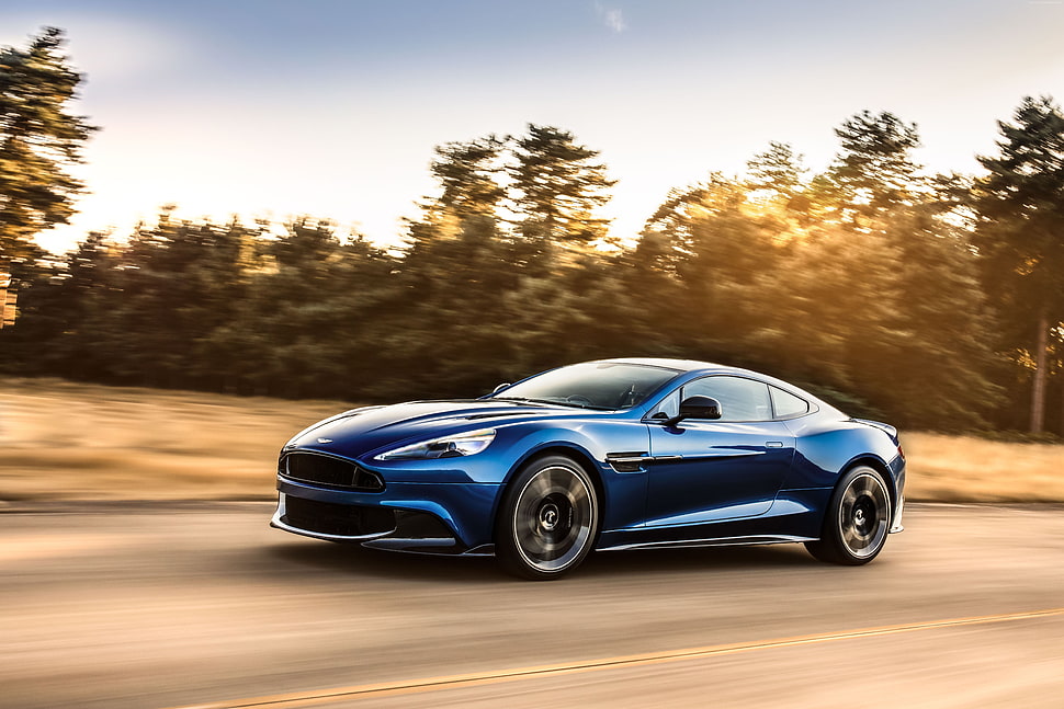 blue sports coupe near green leaf trees at daytime HD wallpaper
