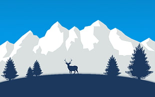 deer near snowy mountain illustration, snow, deer, mountains, trees HD wallpaper