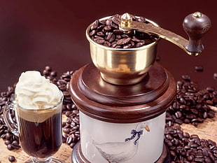 brown and stianless steel coffee grinder HD wallpaper