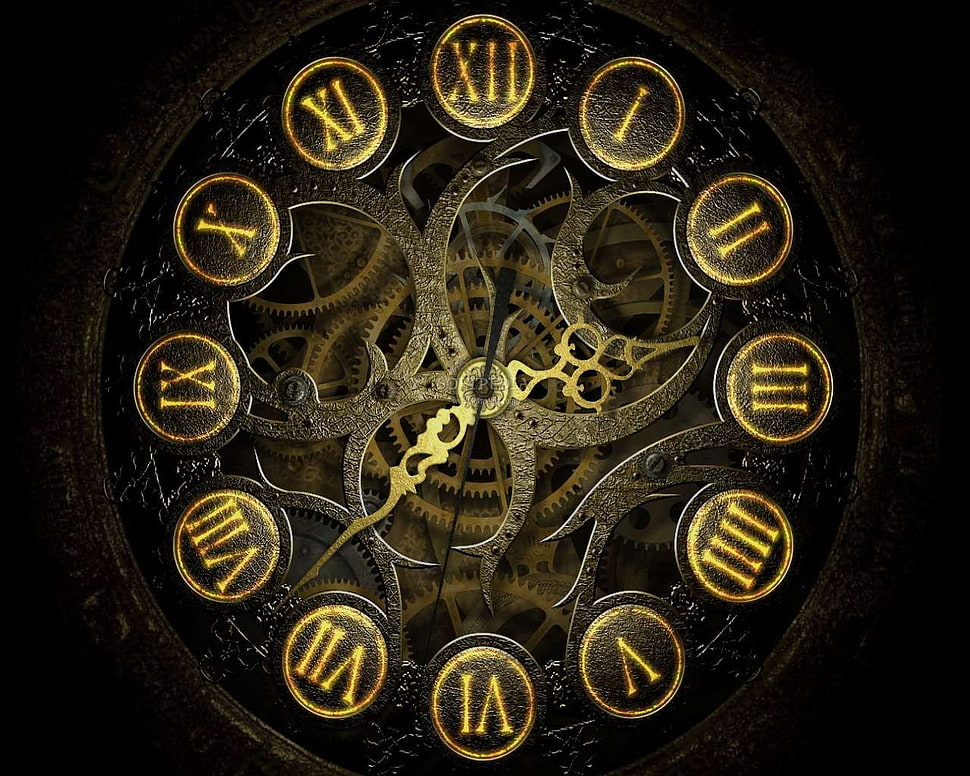 brown skeleton clock, 3planesoft, clocks, mechanics HD wallpaper