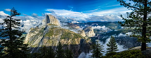 mountain cliff cover with clouds near trees landscape painting, washburn, yosemite national park