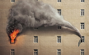 white and black area rug, burning, fire, smoke, building