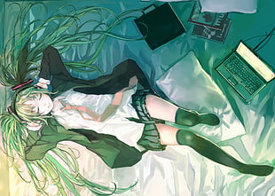 green hair female anime character laying on bed HD wallpaper
