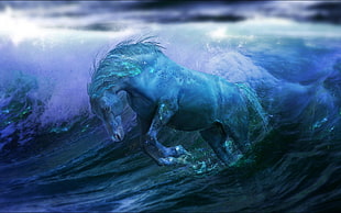 blue horse on wave painting HD wallpaper