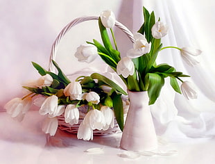 white Tulip flowers on vase and wicker basket photo HD wallpaper