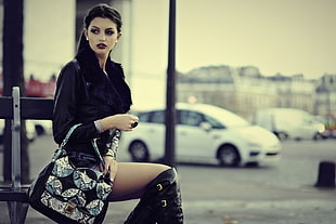 women's black fur trim jacket and blue denim short shorts, Paris, fashion, purses, boots HD wallpaper