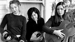 grayscale photography of three women using instruments HD wallpaper