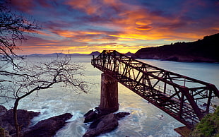 black and brown wooden table, nature, sunset, bridge, HDR