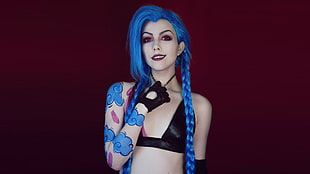 woman's blue braided hair, Jinx (League of Legends), women, cosplay, Helen Stifler HD wallpaper