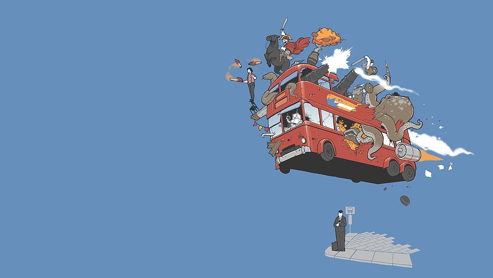 floating bus with assorted creature passenger animation HD wallpaper
