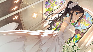 bride anime character holding flower bouquet HD wallpaper