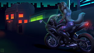 anthropomorphic female wolf riding motorcycle illustration, furry, Anthro, motorcycle HD wallpaper