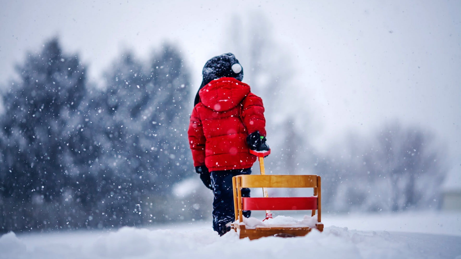 children's red bubble hoodie, children, snow