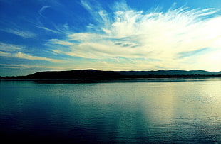 body of water and mountain, blue, clouds, landscape, lake