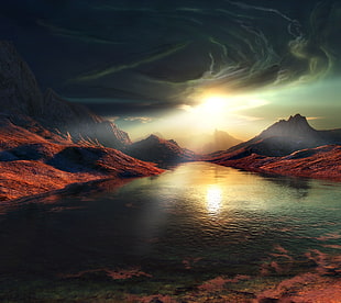 body of water and mountains painting, artwork HD wallpaper