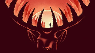 silhouette of man on deer antler poster, nature, animals, The Deer Hunter, deer HD wallpaper