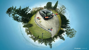 illustration of black car, artwork, panoramic sphere, commercial, car HD wallpaper