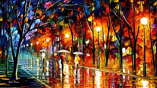 three people under umbrella surrounded by trees painting, Leonid Afremov, painting HD wallpaper