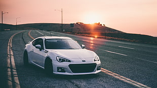 white Subaru coupe, Subaru BRZ, car, landscape, sunset