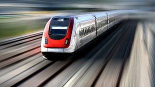 silver and red train, blurred, train, vehicle HD wallpaper