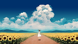 woman in white dress in sunflower field painting, anime girls, dress, sunflowers, clouds HD wallpaper