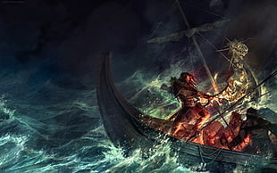 sailing boat on water artwork, fantasy art, Vikings