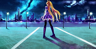 yellow-haired female anime character, nekomimi, city, night HD wallpaper