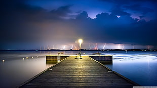 brown wooden ocean dock, landscape, pier, lightning, clouds HD wallpaper