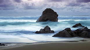 white and black sea waves, beach, rock, waves, sea