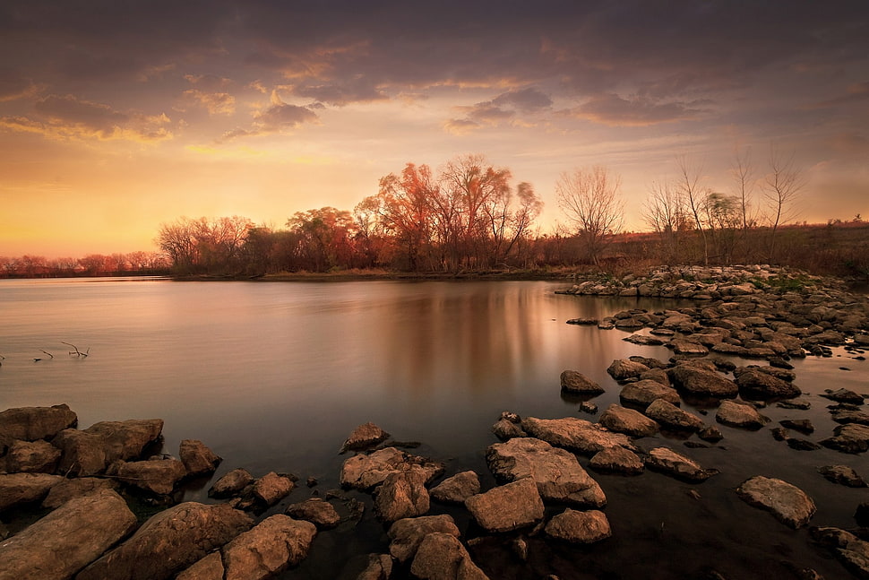 body of water and trail of rocks, landscape HD wallpaper