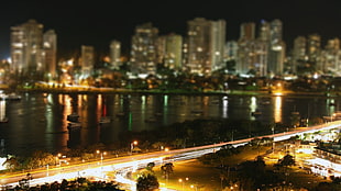 cityscape, light trails, boat, night