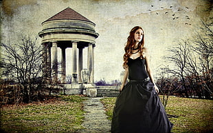 painting of woman in black dressed in front of white gazebo