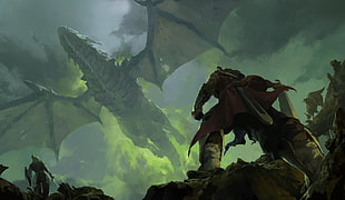 dragon and warriors illustration, fantasy art, Wyvern HD wallpaper