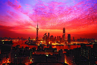 aerial view of city buildings, Shanghai, sunset, building HD wallpaper