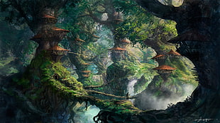 painting of tree houses inside forest, landscape, trees, witch HD wallpaper