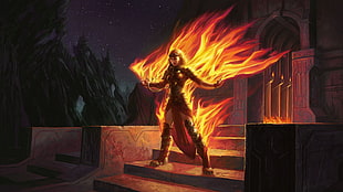 woman in flames illustration HD wallpaper