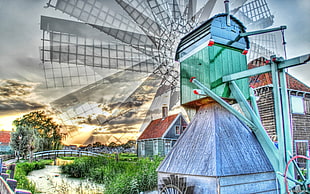 green and gray windmill, HDR, house, windmill