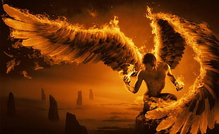 man with burning wings photo HD wallpaper