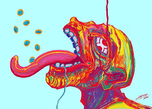 yellow and red man eating tablets painting, digital art, drugs, colorful, skull HD wallpaper