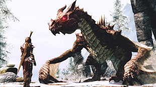 brown wyvern illustration, The Elder Scrolls V: Skyrim, warrior, dragon, video games HD wallpaper