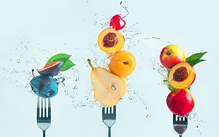 three stainless steel forks, fork, fruit, water, food HD wallpaper