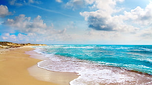 brown sand, beach, sky, sea, clouds