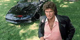 men's pink dress shirt and black leather jacket, sports car, Pontiac, Knight Rider, K.I.T.T. HD wallpaper