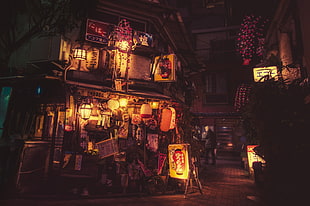 brown wooden house, Japan, night, town, city