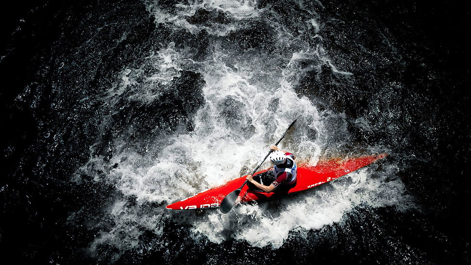 top-angle photograph of person riding red sit-in kayak HD wallpaper