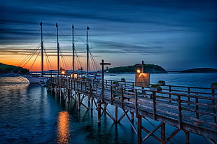 brown sea dock, nature, landscape, sunset, sailboats HD wallpaper