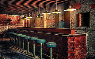 Bar setting with blue bar stools