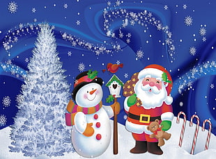 Santa Claus and Snowman illustration HD wallpaper