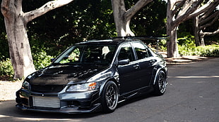 black sedan parked on black road, Mitsubishi Lancer EVO, car, vehicle, black cars HD wallpaper